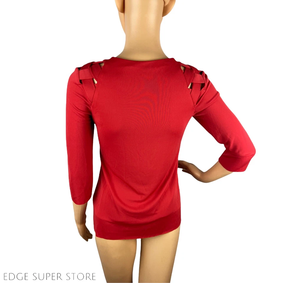 Bailey 44 Red V Neck 3/4 Sleeve Woven Shoulder Quilted Top Blouse Size XS XSmall - Image 3 of 4