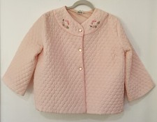 NANETTE UNDIES CO Pink Quilted Lined Bed Jacket Applique flower piping Sz L EVC