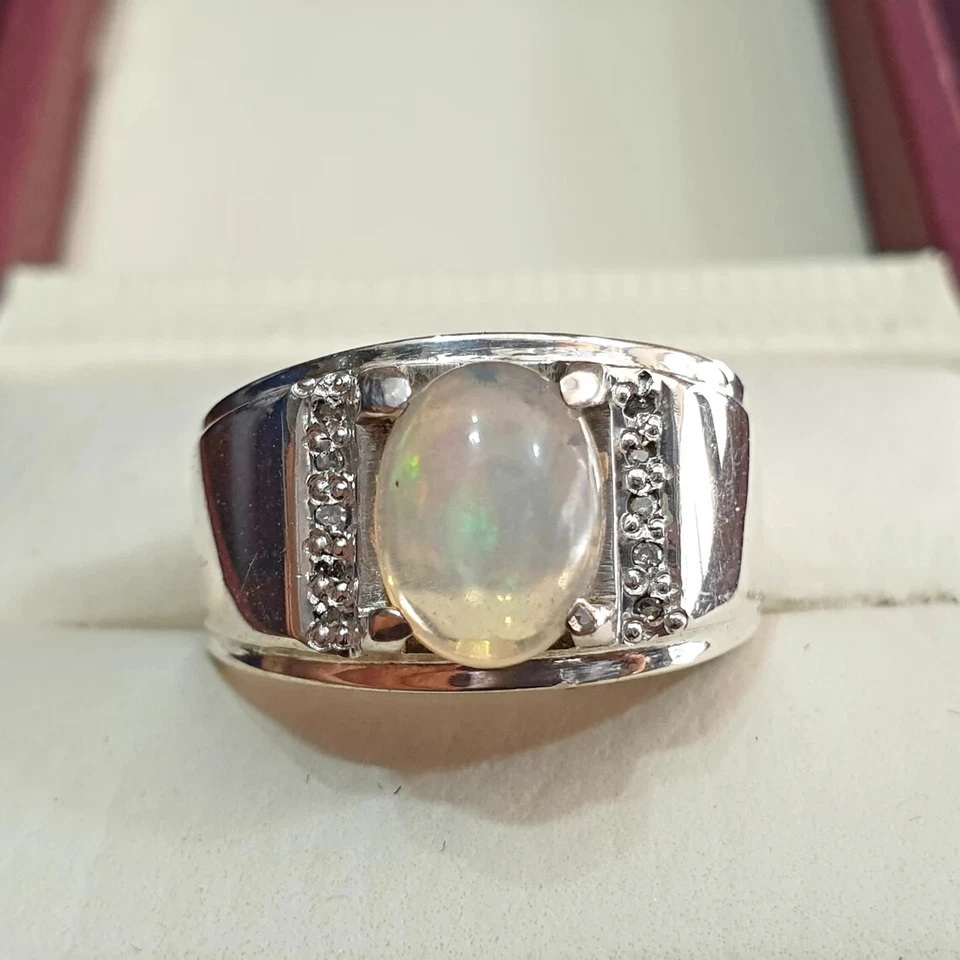Anillo de ópalo de fuego blanco natural para hombre piedra natural etíope plata de ley 925 Foto 2 de 4