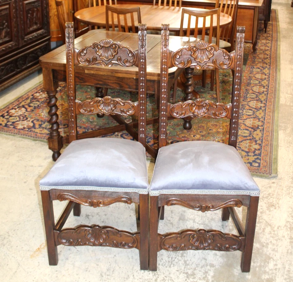 Set of 2 French Renaissance Antique Dining Chairs | Carved Walnut & Upholstered - Image 3 of 4