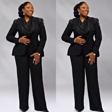Plus Size Black Women Suits Beaded Fashion Party Wedding Work Wear Ladies Outfit