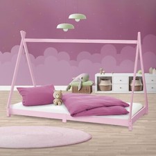 Letto per bambini tenda indiana tepee in legno rosa con rete a doghe 200x90 cm