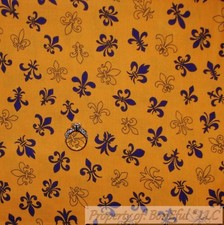 BonEful FABRIC FQ Cotton Quilt Yellow Gold Purple Saints Fleur De Lis MS LA Girl