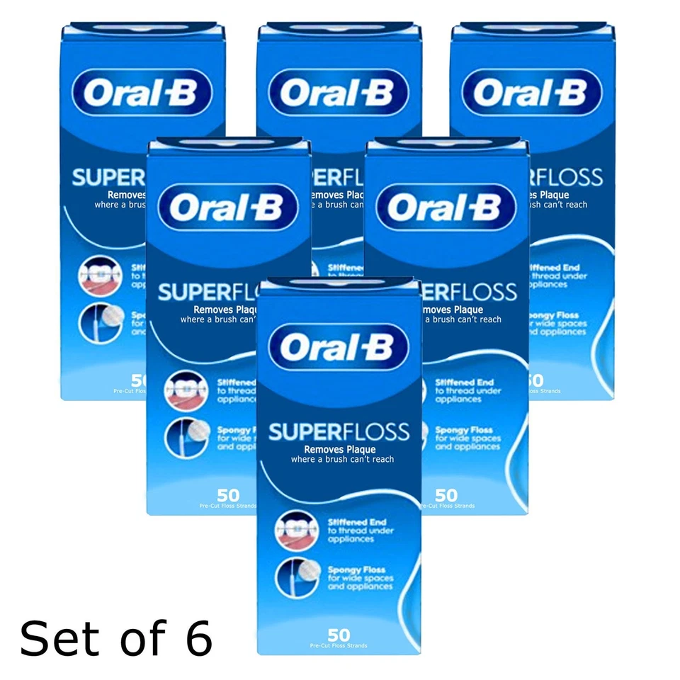 6 aparatos ortopédicos de hilo dental Oral B Super Floss como nuevos espacios anchos 50 hebras precortadas
