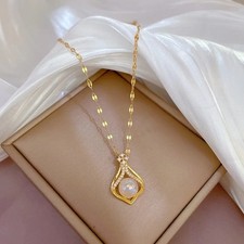 Womens Elegant Necklace CZ Pendant 18K Gold Plated Stainless Steel Chain Jewelry
