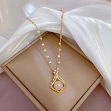 Womens Elegant Necklace CZ Pendant 18K Gold Plated Stainless Steel Chain Jewelry