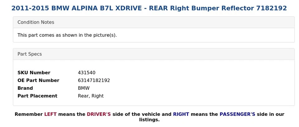 2011-2015 BMW ALPINA B7L XDRIVE - Refletor de para-choque traseiro direito 7182192 - Imagem 4 de 4