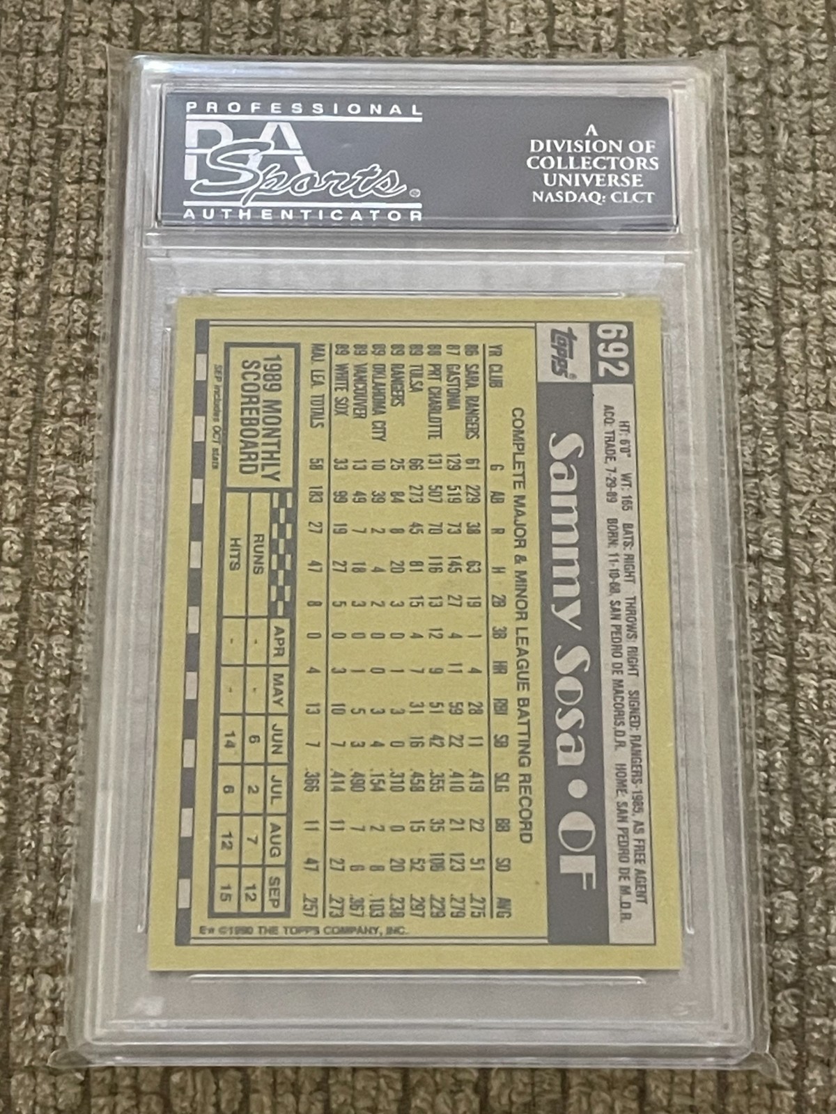 1990 Topps Sammy Sosa #692 RC PSA 10 view 2