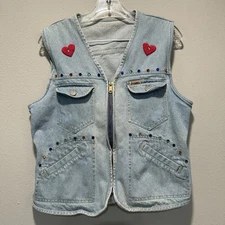 Rare Vintage Gitano Womens Denim Vest M Beaded Pockets Zip Heart Patch Y2K Blue
