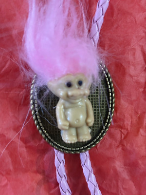 Western Unisex Adjustable Pink Leather Bolo Tie Oval Brass Slide Faux Fur