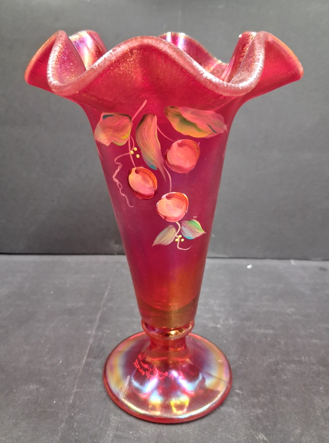 Fenton 100Th Anniv. Hand Painted Ruby Red Stretch Glass Trumpet Vase Signed