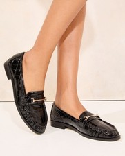 Lipsy Black Patent Core effect Snaffle Ruched Loafer Shoes