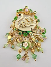 RARE Lunch at The Ritz Gold White Swan Statement Dangle Pin Pendant 4"