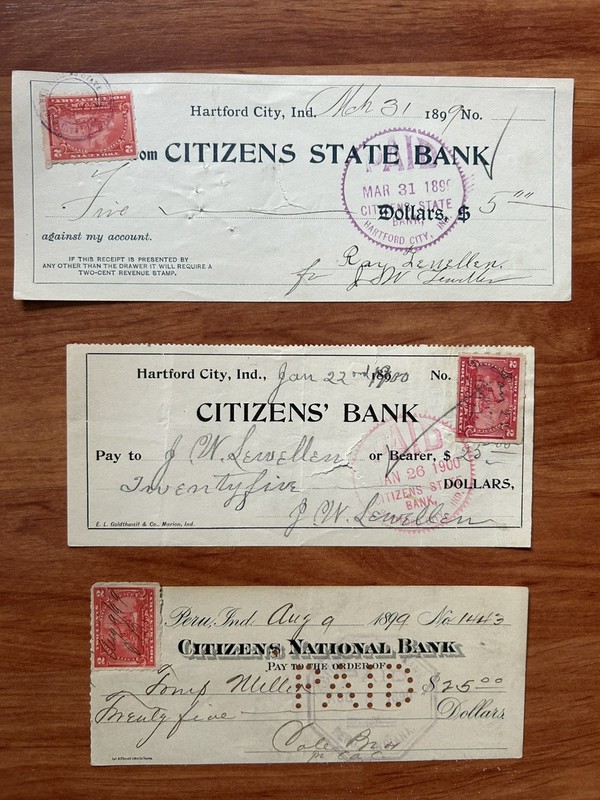 United States Three Old Bank Checks - Hartford City, Indiana 1899 - 1900.
