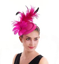 Fascinator for Women Hair Clip Hat Bowler Feather Flower C1-fuchsia Feather
