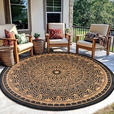 Black Camel Round Outdoor Rugs for Patios Waterproof 180cm, Reversible Circle Gr