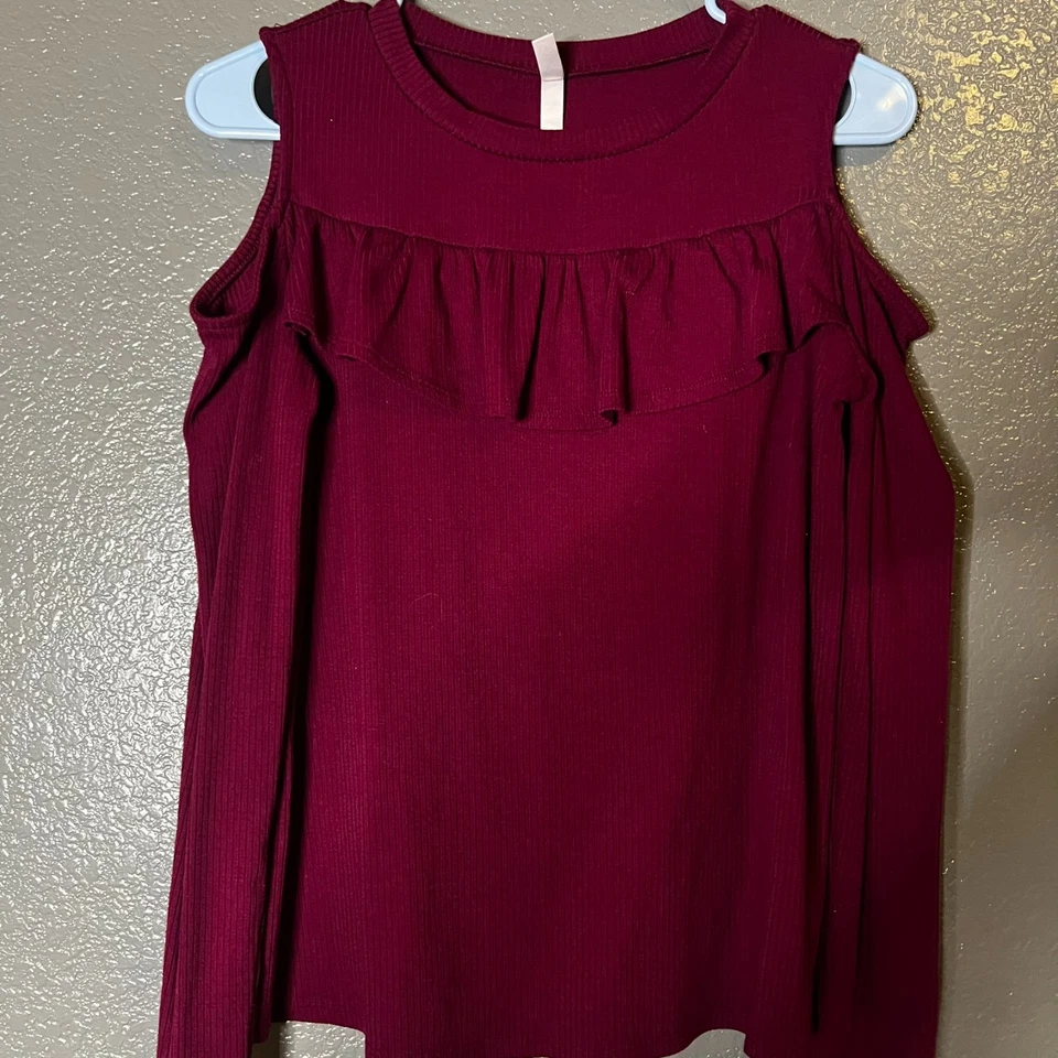 Xhilaration Girls XL 14/16 Burgundy Cold Shoulder Long Sleeve Ruffle Top - Image 2 of 4