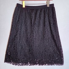 Black Lace Pleated Midi Skirt Elastic Waist Scallop Hem Women Med Whimsigoth