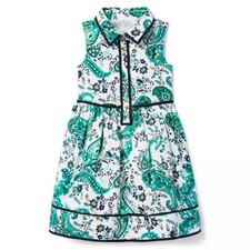JANIE AND JACK White Navy Green Paisley Floral Dress Sleeveless Gold Buttons 7
