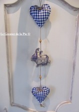 guirlande en tissu coeurs vichy bleu lapin toile de Jouy fait main français