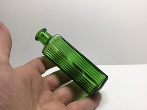 Antique 2 Oz. Bright Green 6 Sided Ridge Poison Bottle. 4 5/8 Inches Tall.