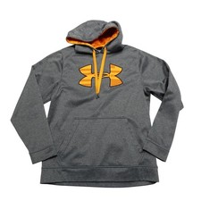 Under Armour Storm Hoodie Mens Small Gray Fleece Pullover Orange Drawstring