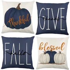 Vellibring Fall Pillow Covers 18 x 18 Inch Blue Pumpkins Throw Pillow Covers ...