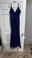 Blue Sequin Long Gown V-Neck Sleeveless Formal Party Dress for Women