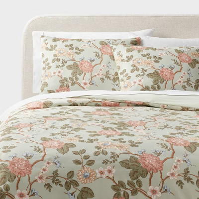 King Trad Floral Print Duvet and Sham Set Light Sage GreenLight PinkWhite 5290₽