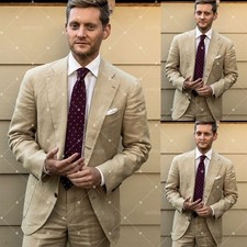 Beige Linen Men's Suits Slim Fit Formal Wedding  Business Outfit Casual 2 Piece