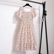 Chiffon Dress Midi Short Sleeve Elastic Waist Floral Pleated Casual Dress