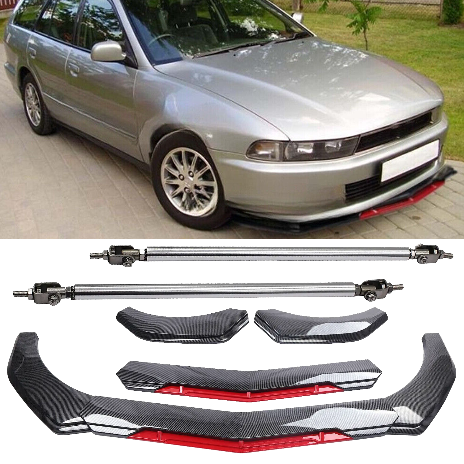For Mitsubishi Galant Front Bumper Lip Spoiler Splitter Strut Rod Carbon Fiber