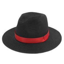 Summer Beach Sun Hat Women Panama Cap Wide Brim UV Protection Fedoras Red Ribbon