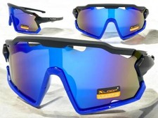 OVERSIZED SPORTS WRAP AROUND Biker Cycling Shield SUN GLASSES Black  Blue Frame