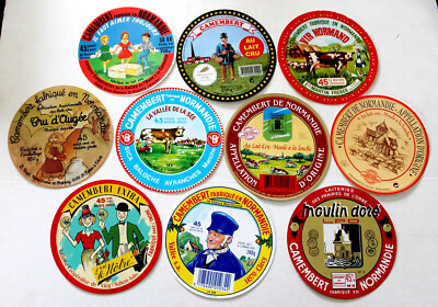 SET 10 ETIKETTEN SCHACHTEL KÄSE CAMEMBERT LIVAROT COULOMIER, NORMAND CHEESE LABEL