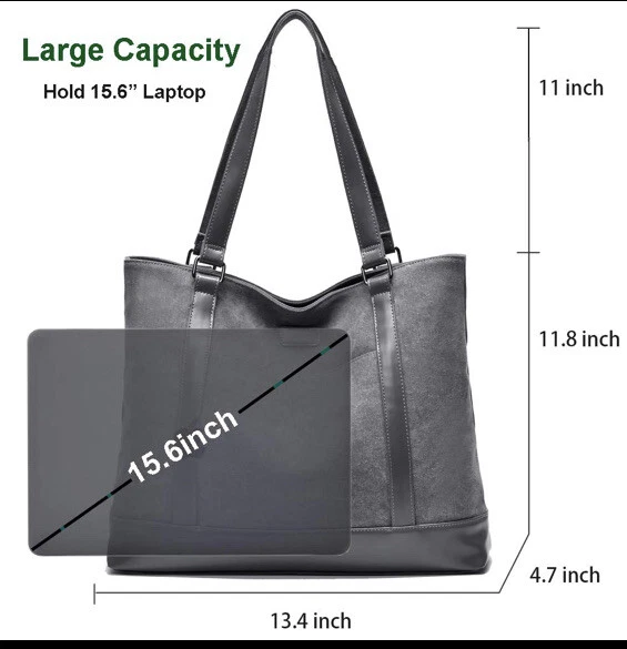 Laptop Tote Bag For Women Work School 15.6in Large Purse Dark Gray Canvas - Image 3 of 4