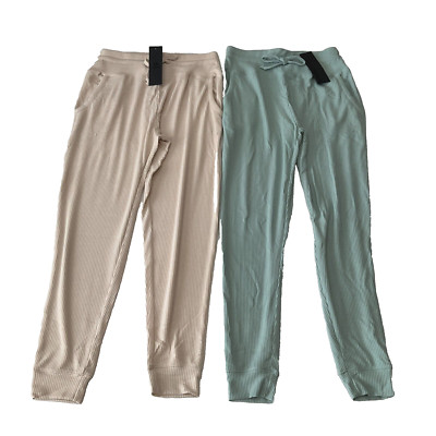 Mono B Jogger Sweatpants Womens Size M Tan Green Ribbed Pockets Stretch 2 Pair