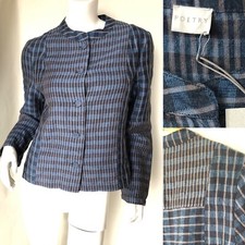 Poetry Linen Jacket Cotton Lined Blazer Blue Checked Button Down Uk 12 Bnwt