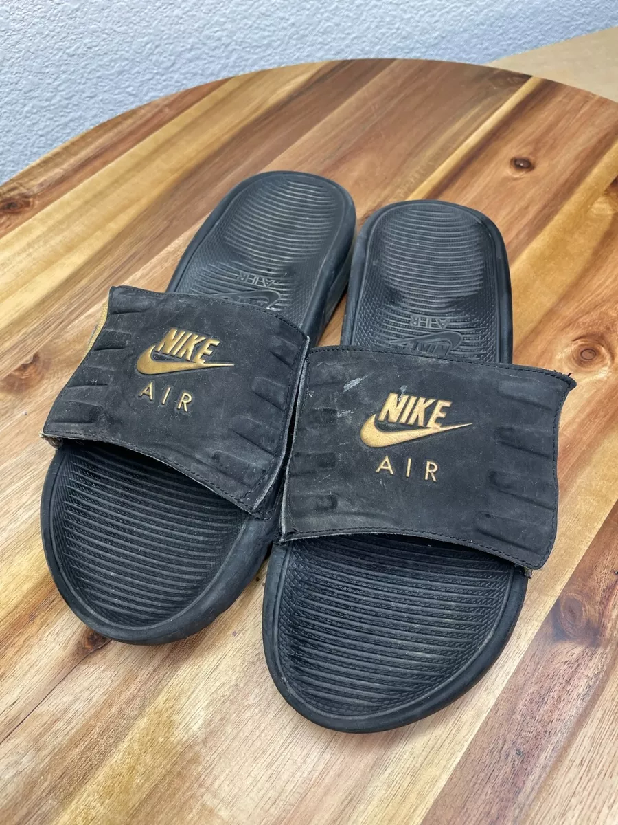 Nike Shoes Mens 7 Air Flip Flop Slides Black Gold Swoosh Sandals Open Toe