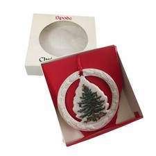 Spode Porcelain Christmas Tree Round Hanging Ornament Embossed Holly Merry Xmas