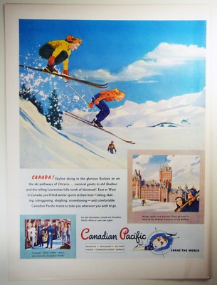Vintage 1946 CANADIAN PACIFIC RAILWAY Lg Full-Pg Magazine Print Ad WINTER SKIING