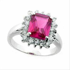 925 Silver Rectangle Lab Created Pink Sapphire  CZ Ring Size 8