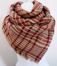Blanket Scarf Red Beige Large Fall Wrap Woven Fabric 38 by 80 inches
