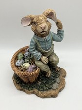 RARE Vintage Henri Chrisdon Bunny Rabbit On Easter Eggs Basket In Overalls 9” 🐣