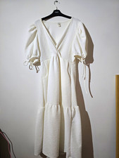 River Island White A-Line Midi Dress V-Neck Puff Sleeve Pockets UK 14