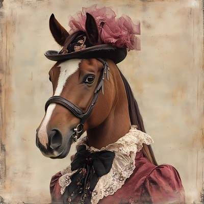 Lady Horse mit dekorativem Zaumzeug und markantem, verziertem Hut mit Pr