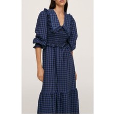 NWT Mango Reserve Babydoll Collar Gingham Dress, Medium Blue Small