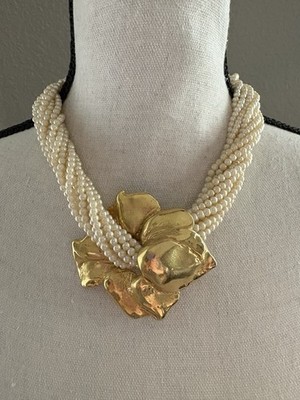 Vintage Richelieu Faux Pearl Multi Strand Gold Tone Statement Necklace