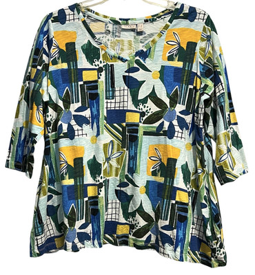 LOGO Lori Goldstein Top Size 2X Artsy Floral Geometric V Neck Pockets Cotton