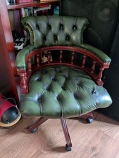 Green Leather Mahogany Coloured Captains Chair On Wheels